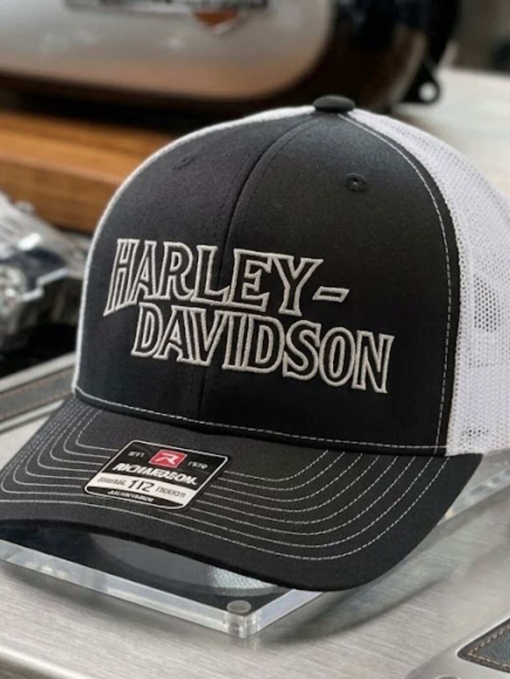 Retro Harley Davidson Biker Embroidered Richardson 112 Hat Black White New Rider